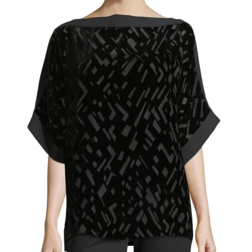 Eileen Fisher Geometric Burnout Velvet 3/4 Sleeve Top Sheer Slit Sleeve